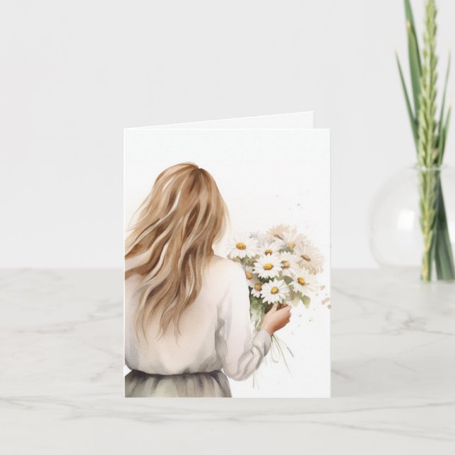 Carte Aquarelle femme avec marguerite (Devant)