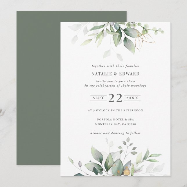 Carte Aquarelle feuillage botanique mariage (Devant / Derrière)