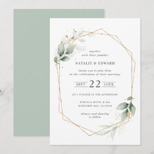 Carte Aquarelle feuillage et mariage géométrique or