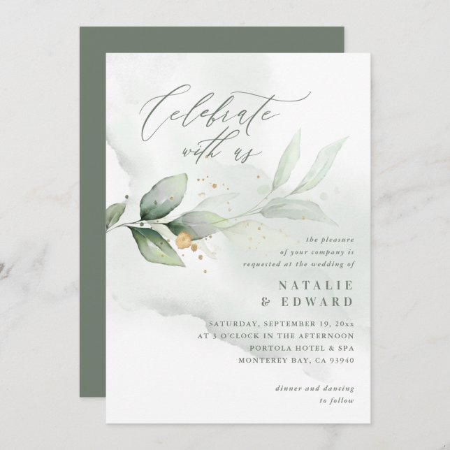 Carte Aquarelle feuillage, vert olive et mariage or (Devant / Derrière)