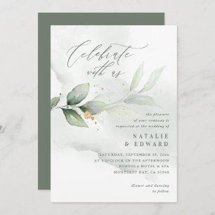 Carte Aquarelle feuillage, vert olive et mariage or
