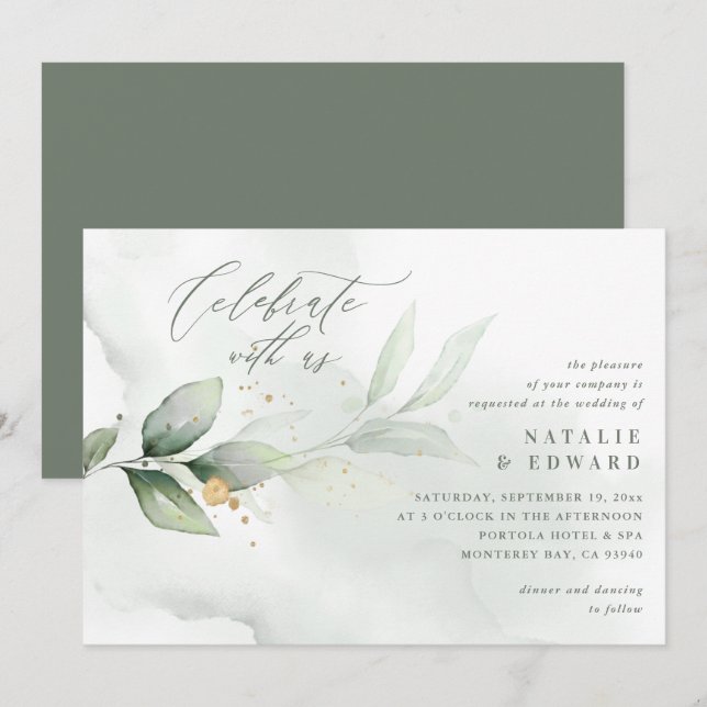 Carte Aquarelle feuillage, vert olive et mariage or (Devant / Derrière)