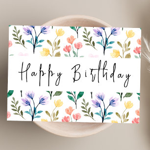 Carte Aquarelle Fleur sauvage Script moderne Joyeux anni