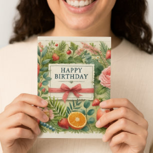 Carte Aquarelle Fleurs de Fruits Verdure Joyeux annivers