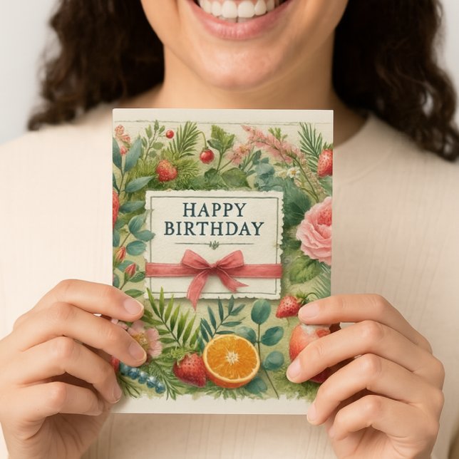 Carte Aquarelle Fleurs de Fruits Verdure Joyeux annivers (Botanical birthday cheer strawberries, roses, and pine frame a sweet wish with ribbon and bow )