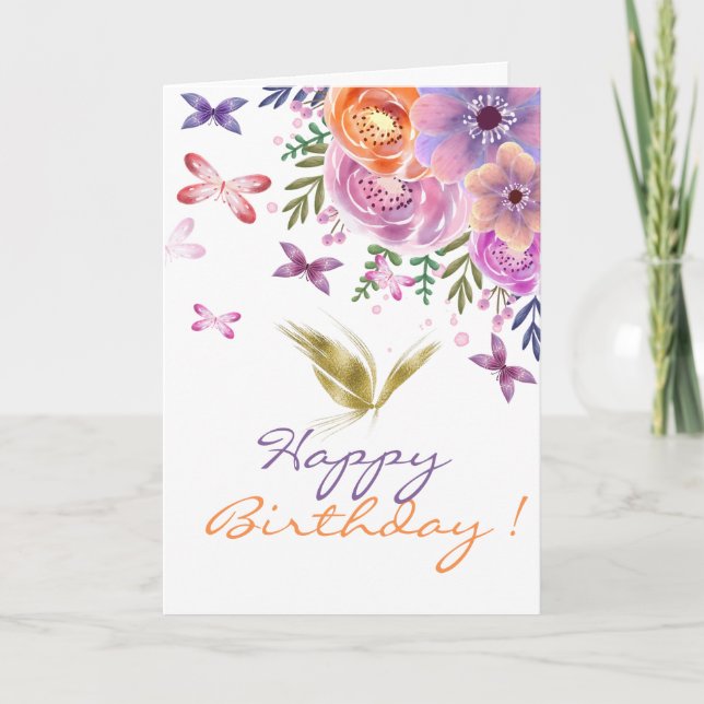 Carte Aquarelle Fleurs Papillons Parties scintillant or (Devant)