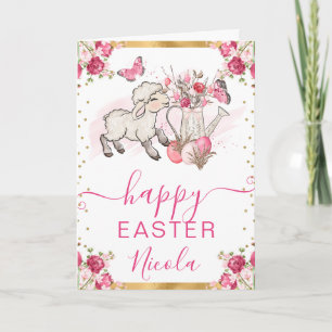 Carte Aquarelle Fleurs roses Agneau Joyeux Pâques