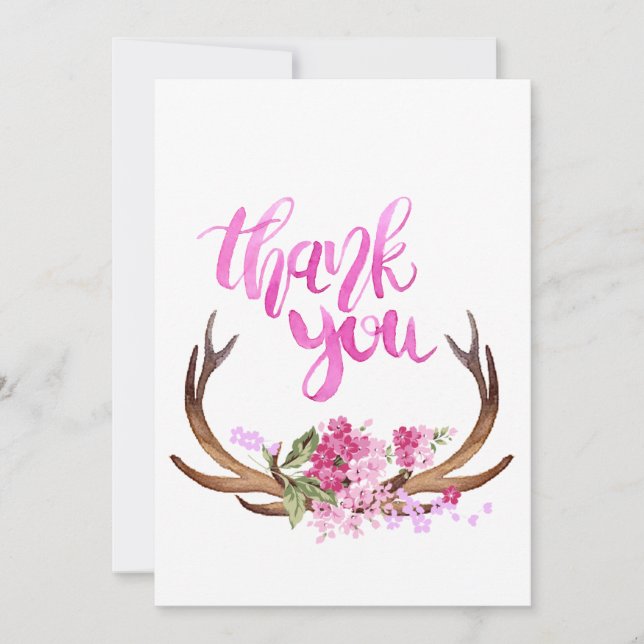Carte Aquarelle Floral Antlers Merci (Devant)