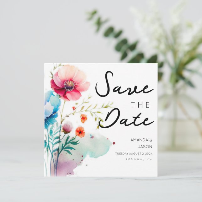 Carte Aquarelle Floral Moderne Enregistrer la date (Debout devant)