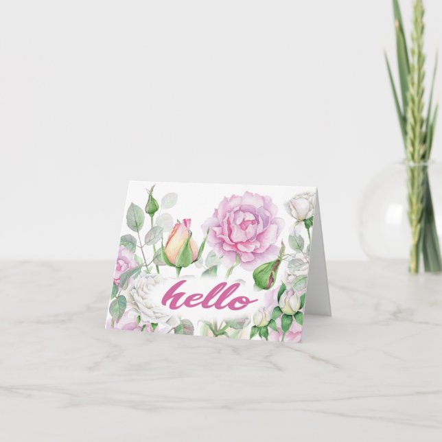 Carte aquarelle florale rose bonjour (Devant)