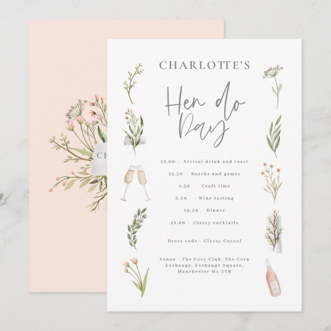 Carte Aquarelle florale rose girly poule faire itinérair (Devant / Derrière)