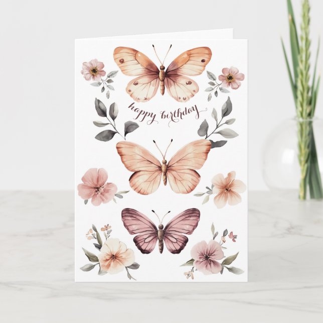 Carte Aquarelle Florales Papillons Joyeux anniversaire (Devant)