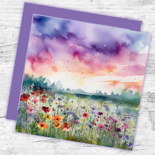 Carte aquarelle Flower Field avec Merci de nuages
