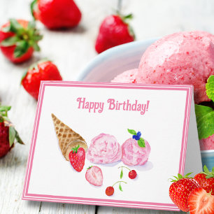 Carte Aquarelle Fraise Crème glacée Cerises Anniversaire
