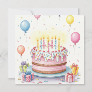 Carte Aquarelle Gâteau d'anniversaire avec bougies et ba