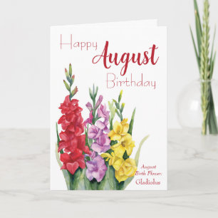 Carte Aquarelle Gladiolus Août Fleur de naissance Annive
