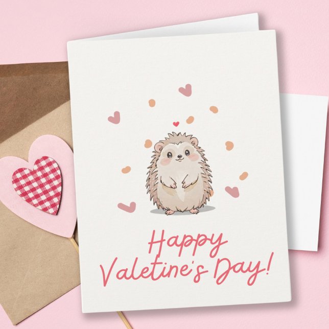 Carte Aquarelle Hérisson et Coeurs roses Saint-Valentin (Watercolor Hedgehog & Pink Hearts Valentine's Day Card)