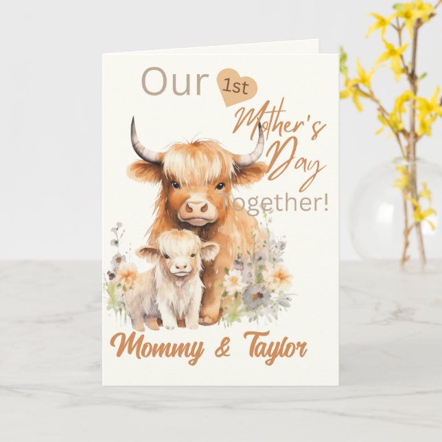 Carte Aquarelle Highland vache Fête des mères (Fleur jaune)
