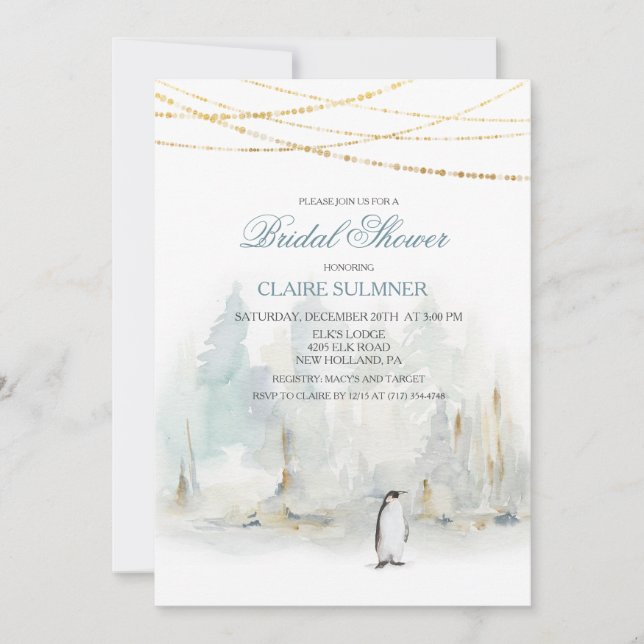 Carte Aquarelle hiver Penguin nuptiale de douche Invitat (Devant)