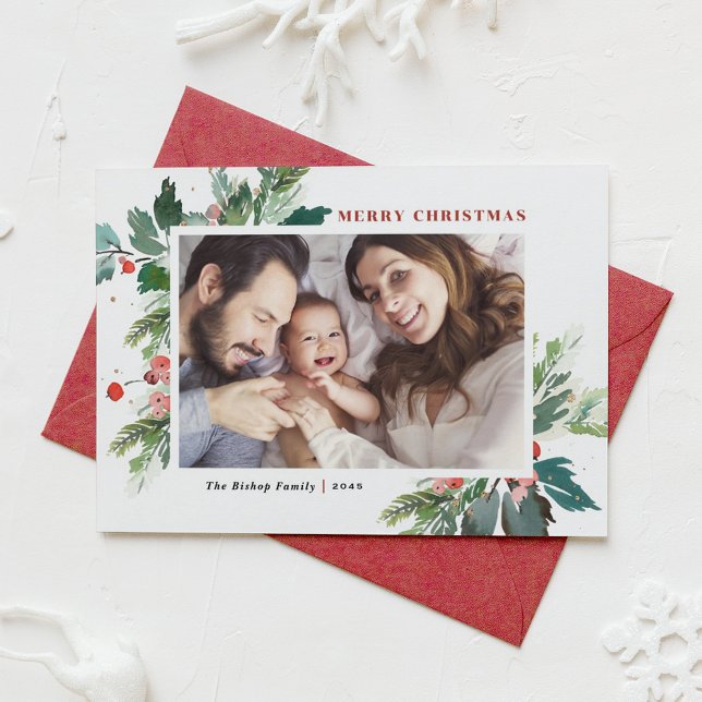 Carte Aquarelle Hollies Faux Gold Foil Photo de Noël (Watercolor Holly and Winter Greenery Photo Merry Christmas Card)