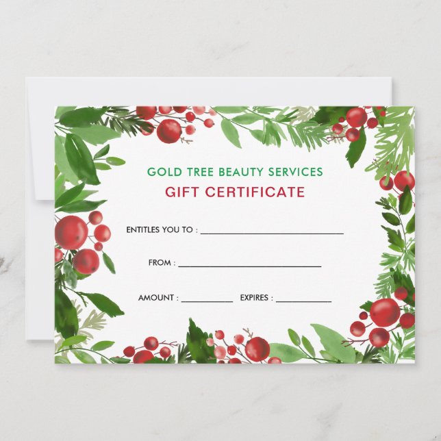 Carte Aquarelle Holly Red Berries | Certificat cadeau (Devant)