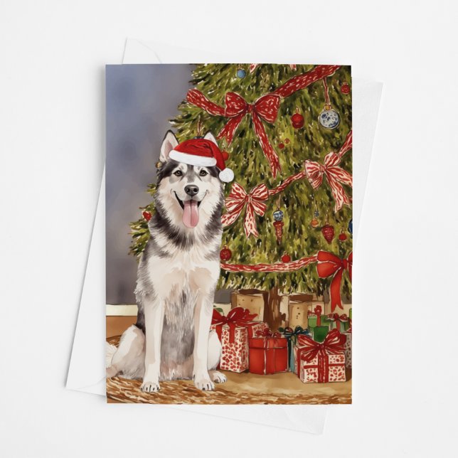 Carte Aquarelle Husky sous l'arbre de Noël (Créateur téléchargé)