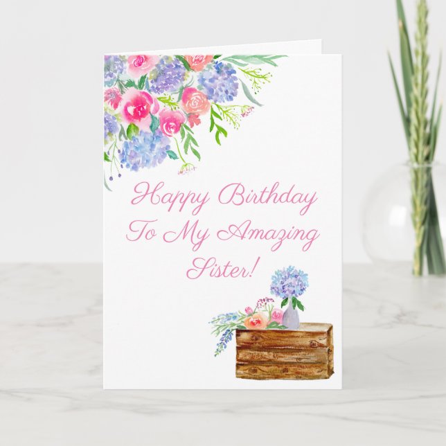 Carte Aquarelle Hydrangeas Bonne Soeur d'Anniversaire (Devant)