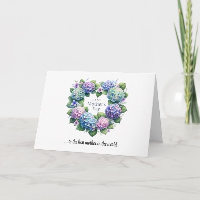 Carte Aquarelle hydrangée coeur couronne la fête des mèr (Devant)