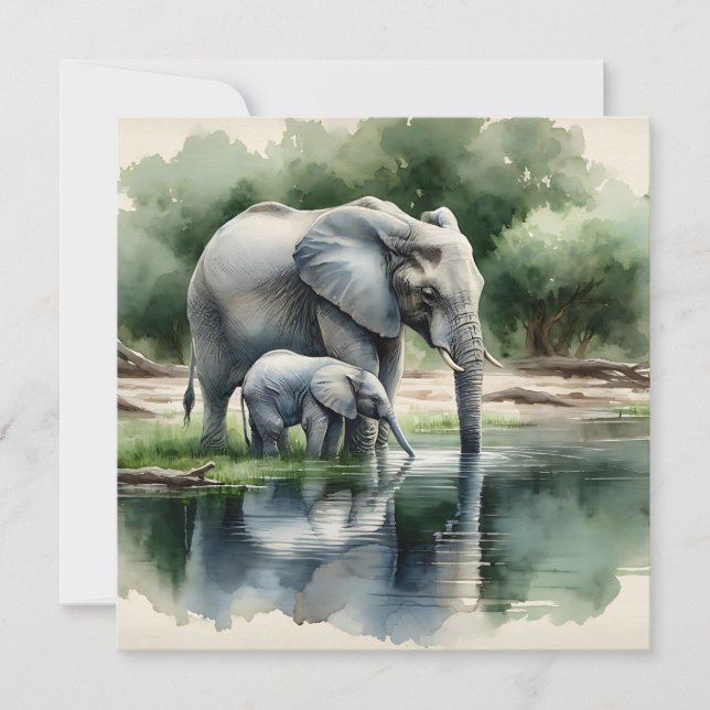Carte Aquarelle Illustration de maman et bébé éléphant (Devant)