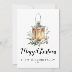 Carte Aquarelle Joyeux Noël Coton vert lanterne