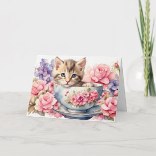 Carte Aquarelle Kitten en Teacup avec Fleurs