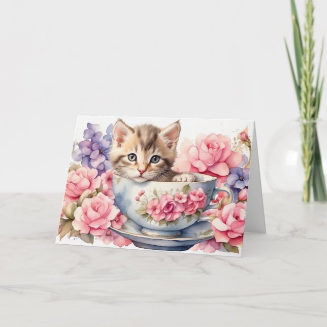 Carte Aquarelle Kitten en Teacup avec Fleurs (Devant)