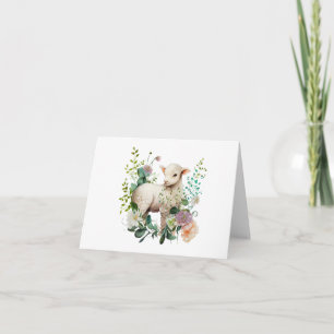Carte Aquarelle Lamb avec couronne de fleurs BLANC