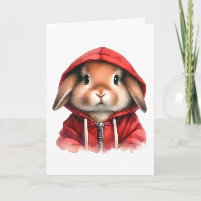 Carte Aquarelle Lapin Brun en Sweat à Capuche Rouge  (Devant)