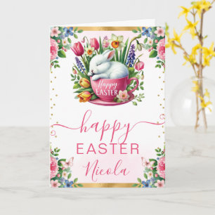 Carte Aquarelle Lapin Fleurs de Printemps Joyeuses Pâque