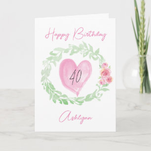 Carte Aquarelle Laurel Coeur rose 40e anniversaire