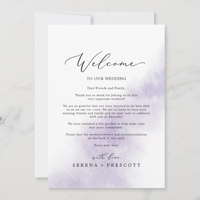 Carte Aquarelle Laver violet Bienvenue Lettre & Itinérai (Devant)