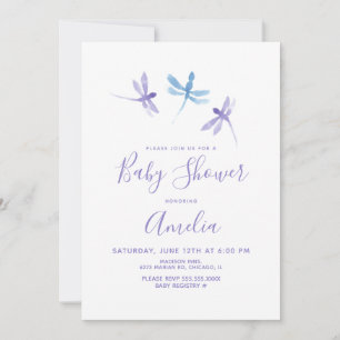 Carte Aquarelle libellule bleu violet Baby shower bleu