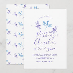Carte Aquarelle libellule violet bleu fête d'anniversair
