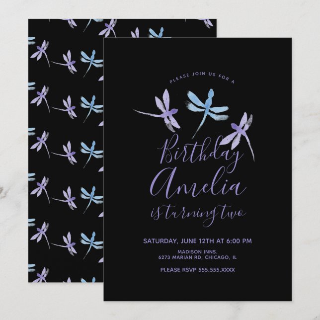Carte Aquarelle libellule violet noir fête d'anniversair (Devant / Derrière)