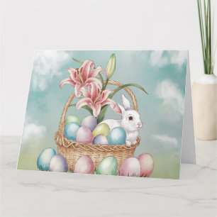 Carte Aquarelle Lily & Oeufs Pastel avec lapin dans le p