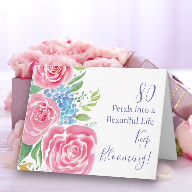 Carte Aquarelle Loose Roses & Hydrangea 80e anniversaire (Créateur téléchargé)