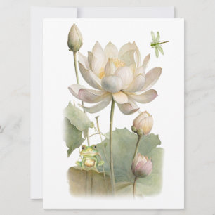 Carte Aquarelle Lotus Flowers, Grenouille et libellule