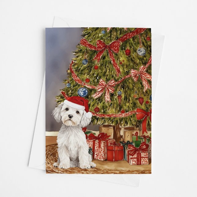 Carte Aquarelle maltaise de chiot sous arbre de Noël (Créateur téléchargé)