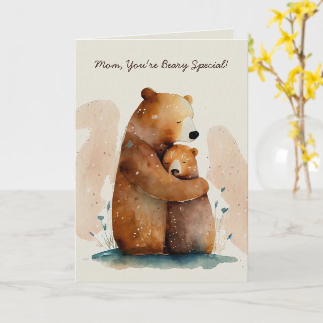 Carte Aquarelle Maman Ours Fête des Mères (Fleur jaune)