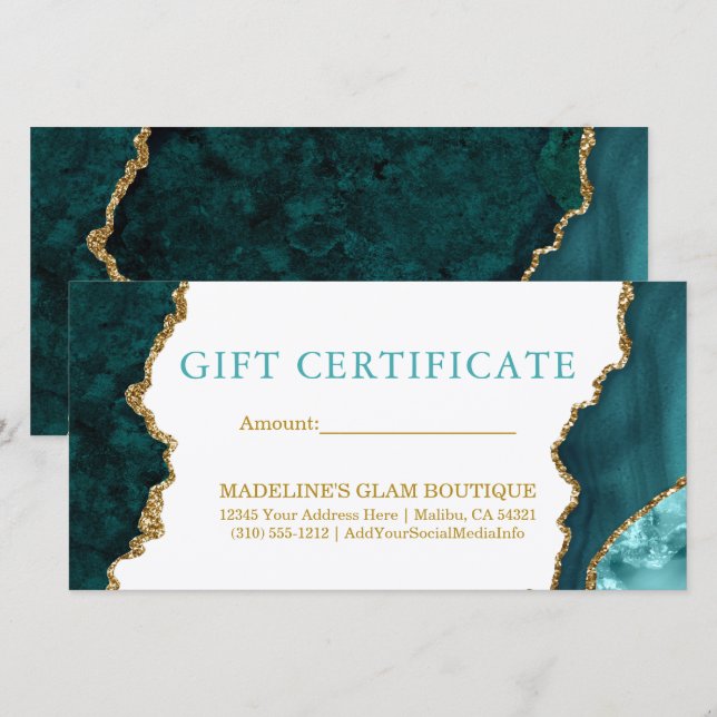 Carte Aquarelle Marbre Turquoise Gold Certificat cadeau (Devant / Derrière)
