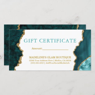 Carte Aquarelle Marbre Turquoise Gold Certificat cadeau