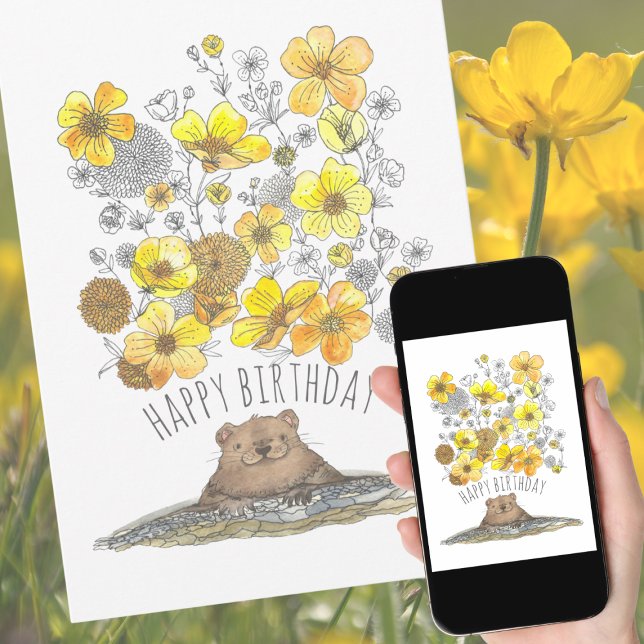Carte Aquarelle Marmotte et tasses à beurre Joyeux anniv (Créateur téléchargé)