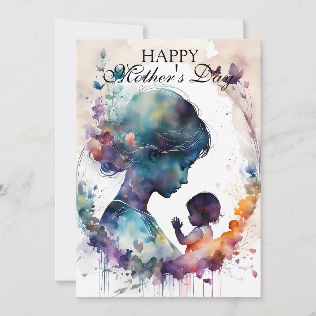 Carte Aquarelle Mère et Enfant Silhouette Art (Devant)