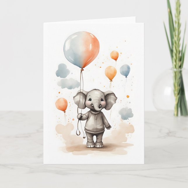 Carte Aquarelle mignonne Éléphant Rouge Bleu Ballons Blo (Devant)